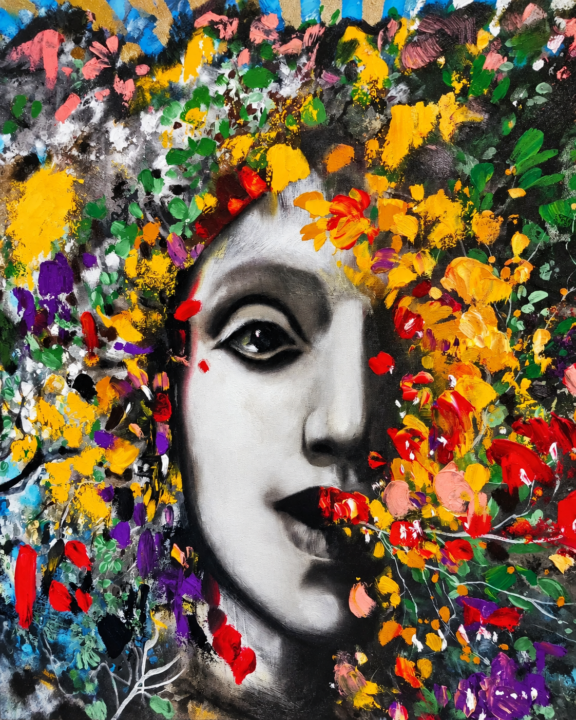 Dipinto di un volto femminile circondato da fiori colorati